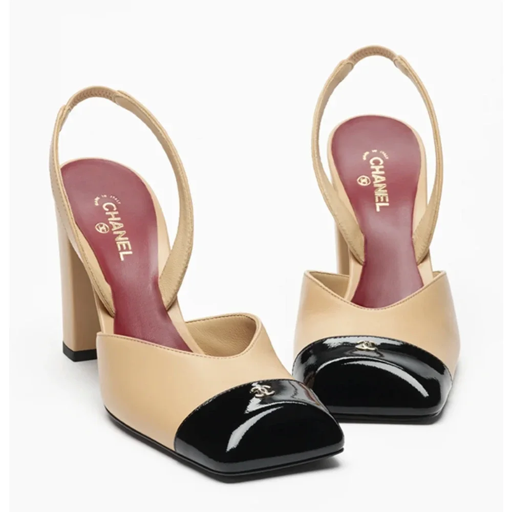 Chanel 26S Blazy Beige Black Square Toe Sling CC Slingback Block Heel Pump 37 - Picture 3 of 16